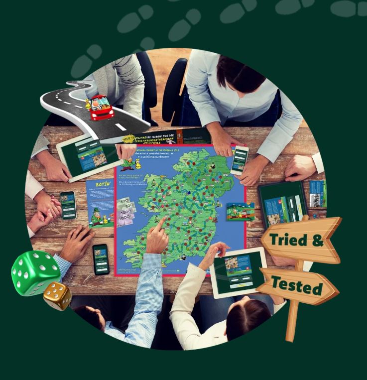 People playing BOTÍN bilingual Irish board game – learn Irish language with table games, Ireland jigsaws, and fun travel challenges.